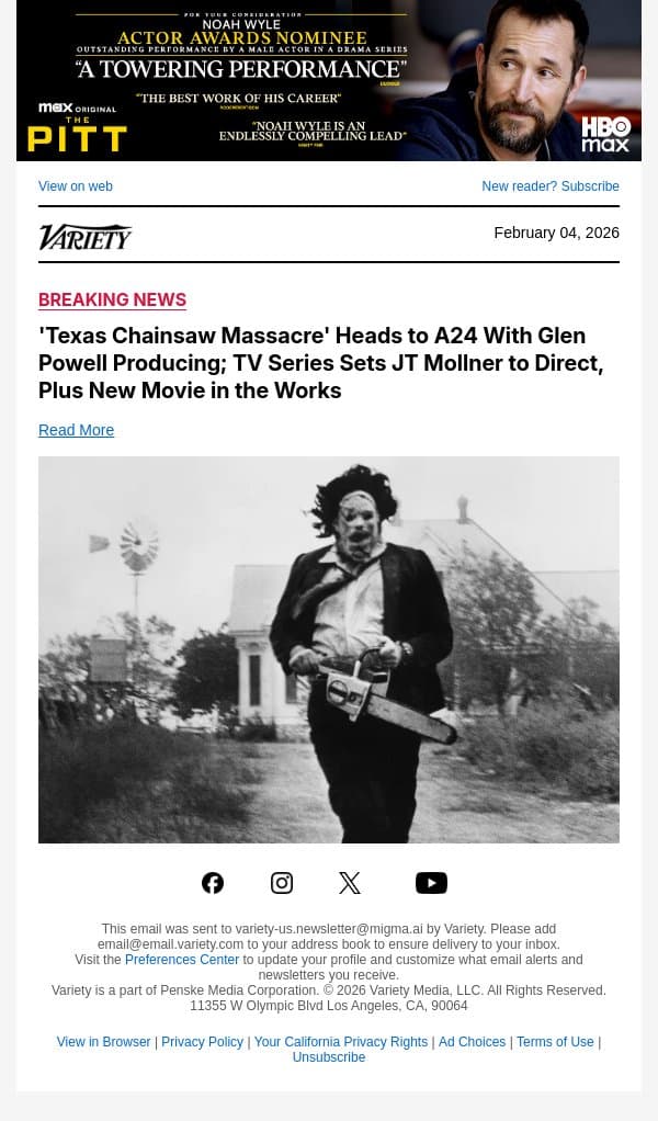 'Texas Chainsaw Massacre' Heads to A24 With Glen Powell Producing; TV Series Sets JT Mollner to Direct, Plus New Movie in the Works email from Variety screenshot