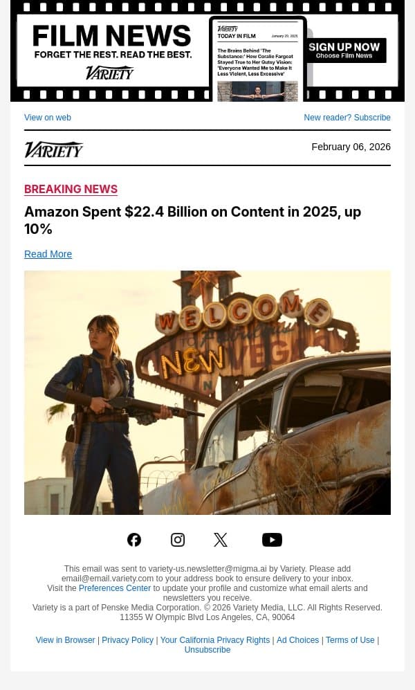 Amazon Spent $22.4 Billion on Content in 2025, up 10% email from Variety screenshot