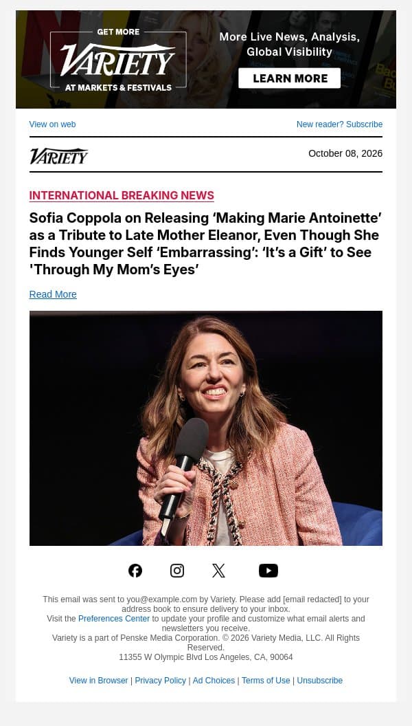 Sofia Coppola on Releasing ‘Making Marie Antoinette’ as a Tribute to Late Mother Eleanor, Even Though She Finds Younger Self ‘Embarrassing’: ‘It’s a Gift’ to See 'Through My Mom’s Eyes’ email from Variety screenshot