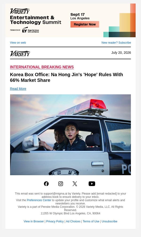 Korea Box Office: Na Hong Jin's 'Hope' Rules With 66% Market Share email from Variety screenshot
