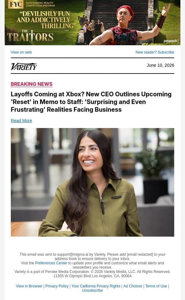 Layoffs Coming at Xbox? New CEO Outlines Upcoming 'Reset' in Memo to Staff: 'Surprising and Even Frustrating' Realities Facing Business email from Variety screenshot