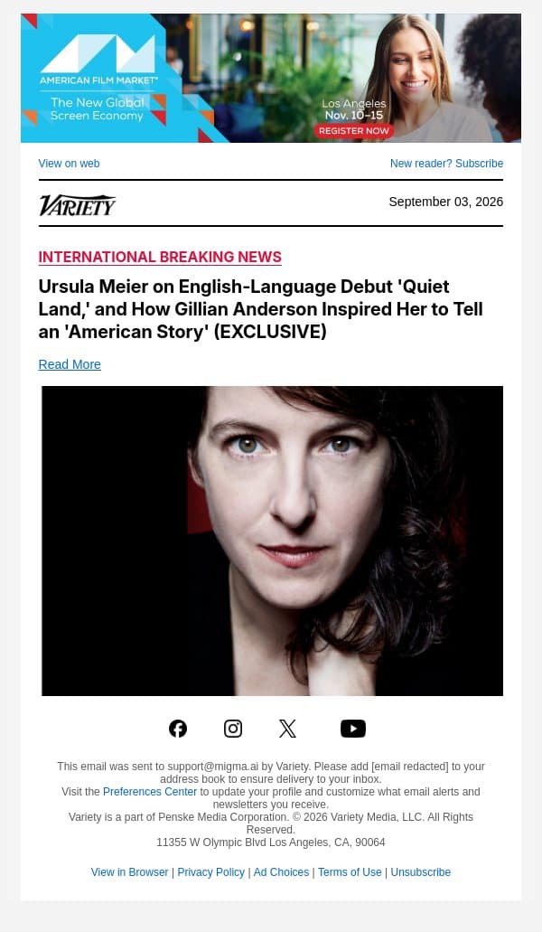 Ursula Meier on English-Language Debut 'Quiet Land,' and How Gillian Anderson Inspired Her to Tell an 'American Story' (EXCLUSIVE) email from Variety screenshot