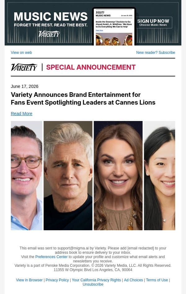 Variety Announces Brand Entertainment for Fans Event Spotlighting Leaders at Cannes Lions email from Variety screenshot
