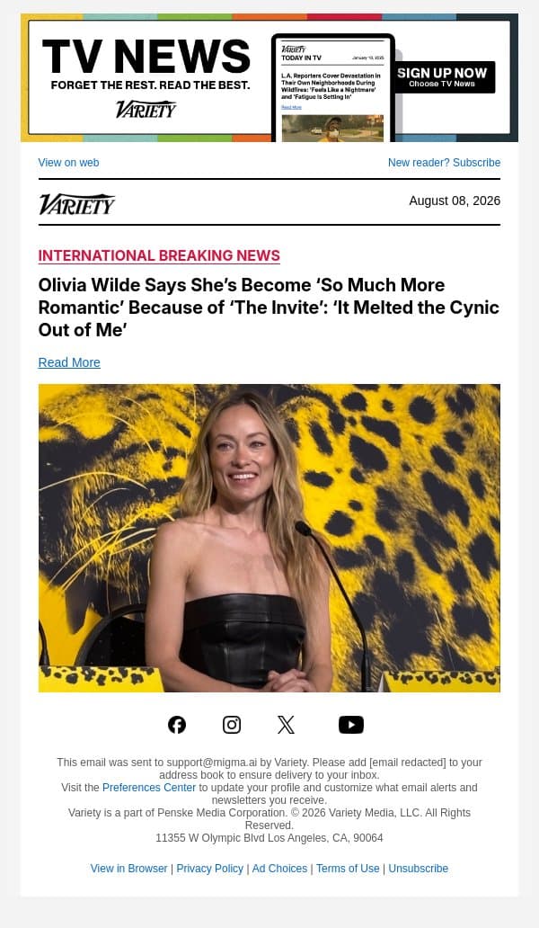 Olivia Wilde Says She’s Become ‘So Much More Romantic’ Because of ‘The Invite’: ‘It Melted the Cynic Out of Me’ email from Variety screenshot