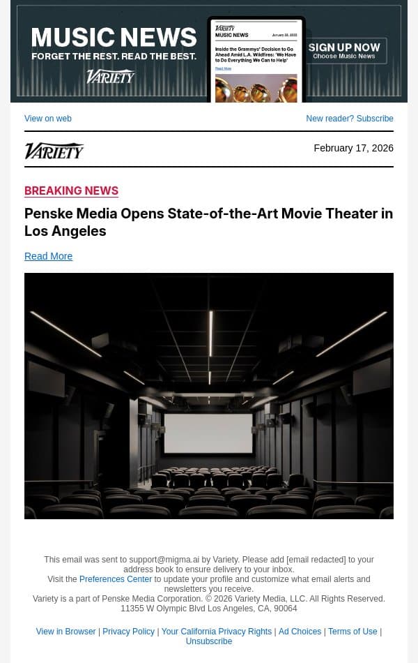 Penske Media Opens State-of-the-Art Movie Theater in Los Angeles email from Variety screenshot