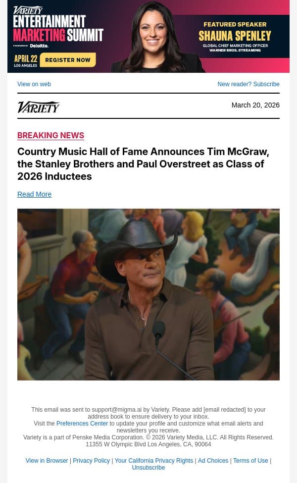 Country Music Hall of Fame Announces Tim McGraw, the Stanley Brothers and Paul Overstreet as Class of 2026 Inductees email from Variety screenshot