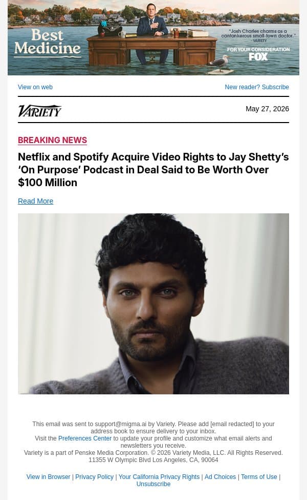 Netflix and Spotify Acquire Video Rights to Jay Shetty’s ‘On Purpose’ Podcast in Deal Said to Be Worth Over $100 Million email from Variety screenshot