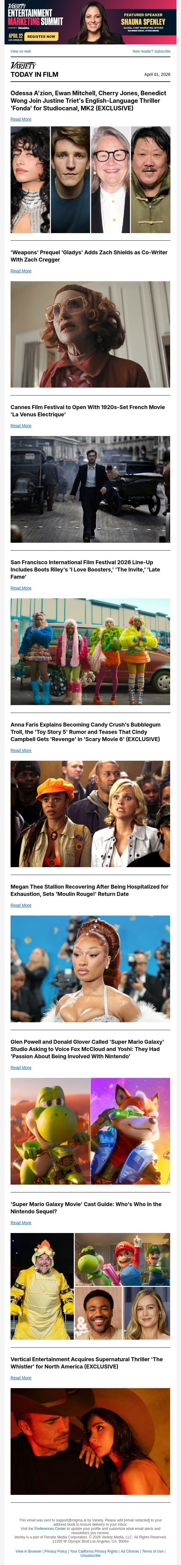 Odessa A'zion Joins Justine Triet Thriller; 'Weapons' Prequel Writers; Cannes Opener Revealed email from Variety screenshot