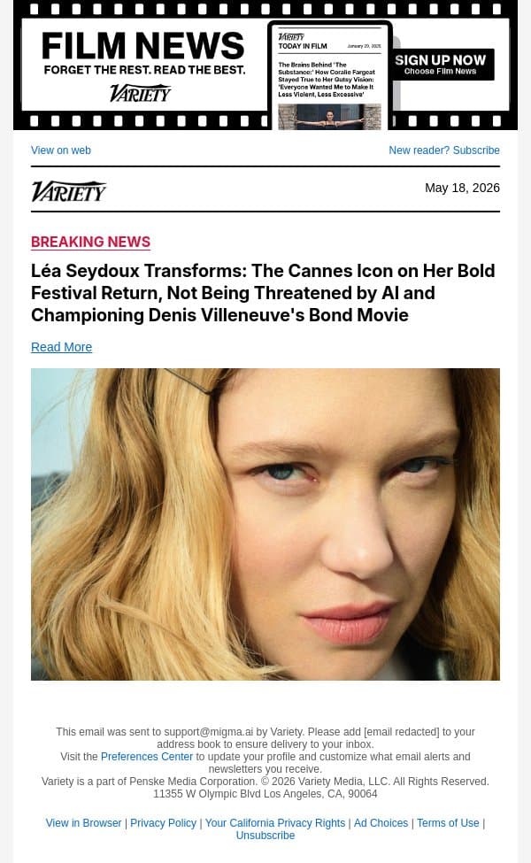 COVER | Lea Seydoux Transforms: The Cannes Icon on Her Bold Festival Return, Not Being Threatened by AI and Championing Denis Villeneuve's Bond Movie email from Variety screenshot