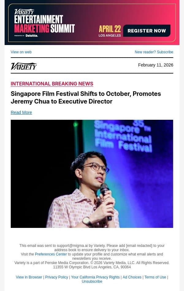 Singapore Film Festival Shifts to October, Promotes Jeremy Chua to Executive Director email from Variety screenshot