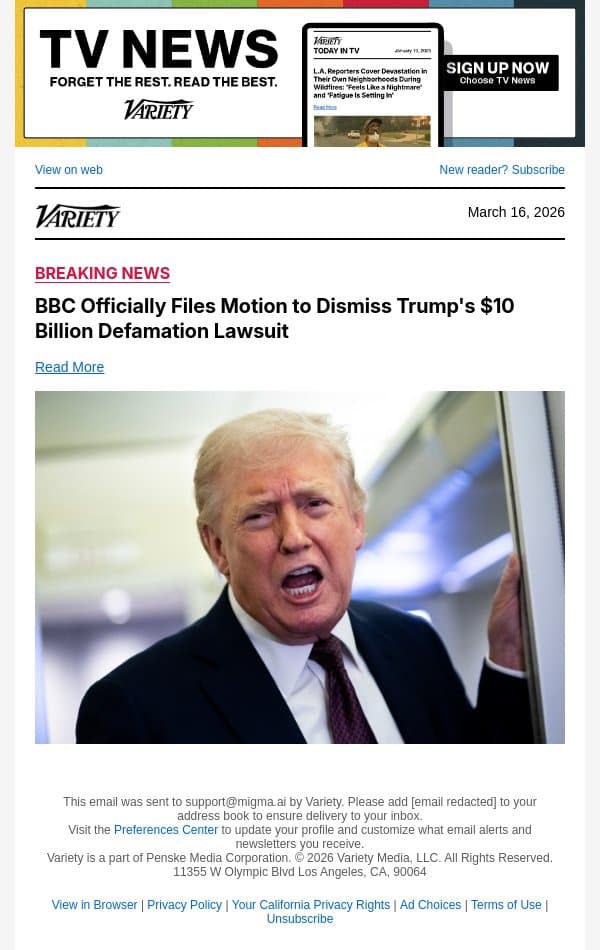 BBC Officially Files Motion to Dismiss Trump's $10 Billion Defamation Lawsuit email from Variety screenshot