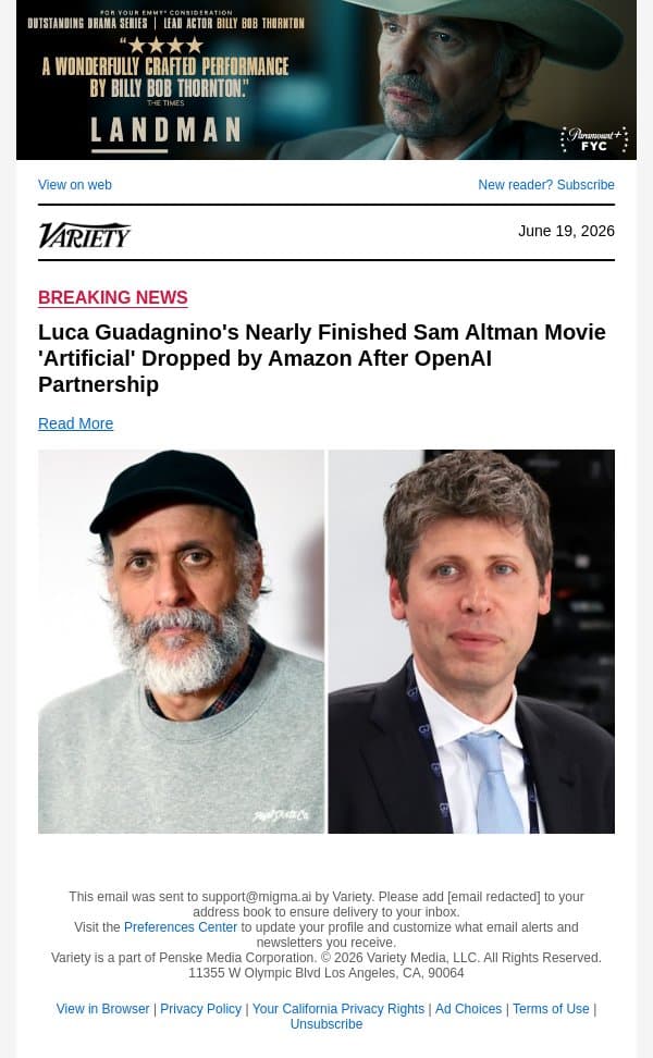 Luca Guadagnino's Nearly Finished Sam Altman Movie 'Artificial' Dropped by Amazon After OpenAI Partnership email from Variety screenshot