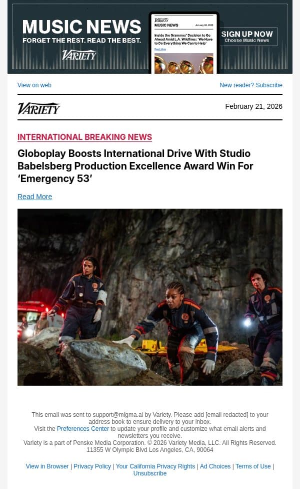 Globoplay Boosts International Drive With Studio Babelsberg Production Excellence Award Win For ‘Emergency 53’ email from Variety screenshot