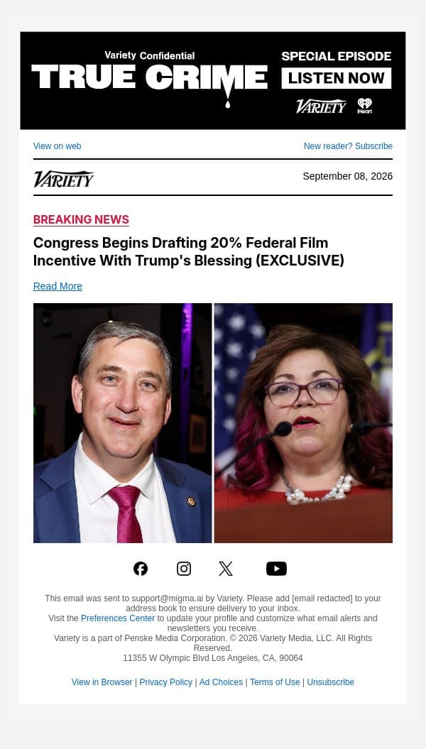 Congress Begins Drafting 20% Federal Film Incentive With Trump's Blessing (EXCLUSIVE) email from Variety screenshot