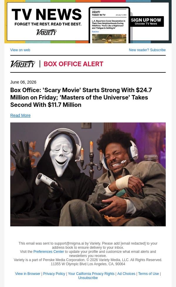 Box Office: 'Scary Movie' Starts Strong With $24.7 Million on Friday; 'Masters of the Universe' Takes Second With $11.7 Million email from Variety screenshot