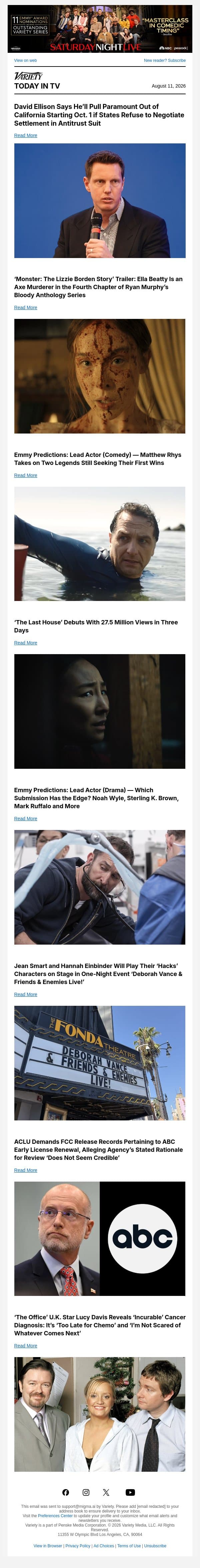 Ellison Threatens to Pull Paramount Out of Calif.; ‘Monster: The Lizzie Borden Story’ Trailer; Emmy Predictions: Lead Actor (Comedy) email from Variety screenshot