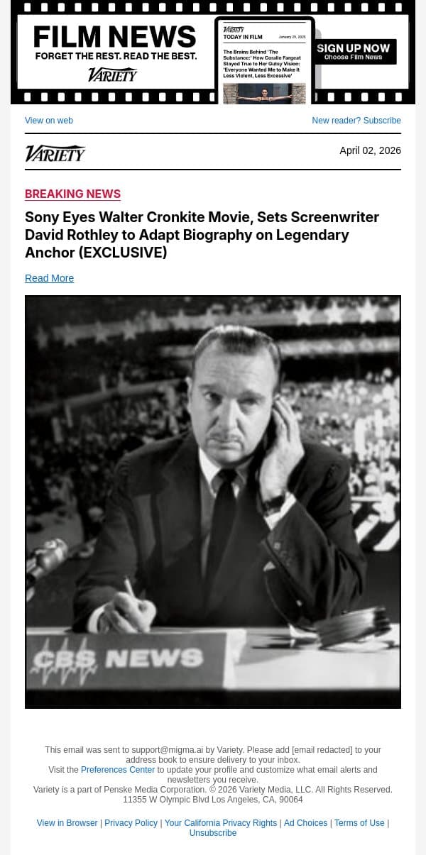 Sony Eyes Walter Cronkite Movie, Sets Screenwriter David Rothley to Adapt Biography on Legendary Anchor (EXCLUSIVE) email from Variety screenshot