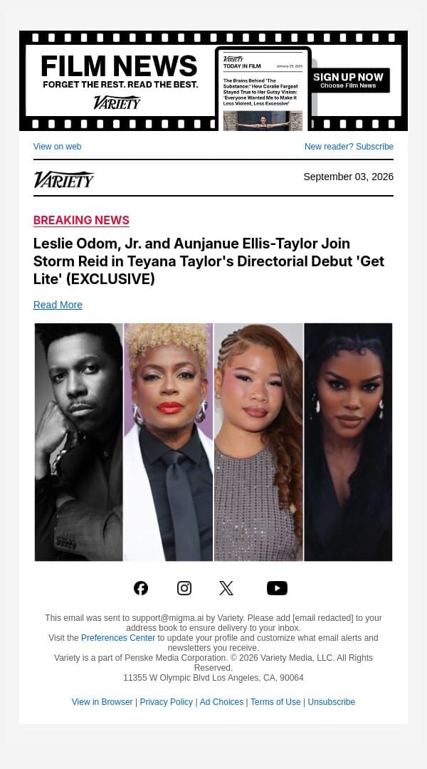 Leslie Odom, Jr. and Aunjanue Ellis-Taylor Join Storm Reid in Teyana Taylor's Directorial Debut 'Get Lite' (EXCLUSIVE) email from Variety screenshot