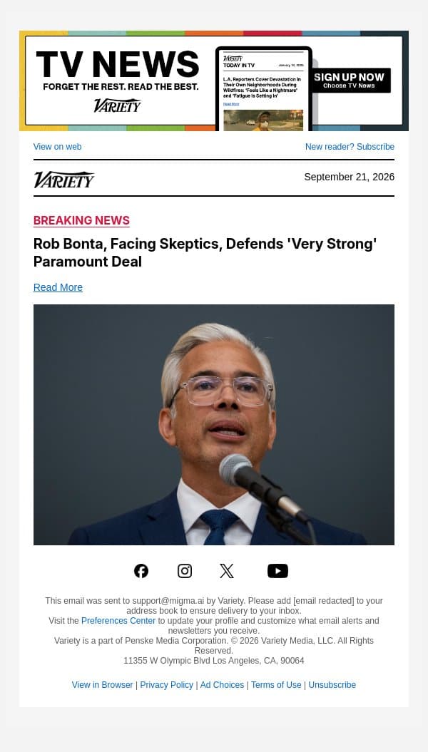 Rob Bonta, Facing Skeptics, Defends 'Very Strong' Paramount Deal email from Variety screenshot