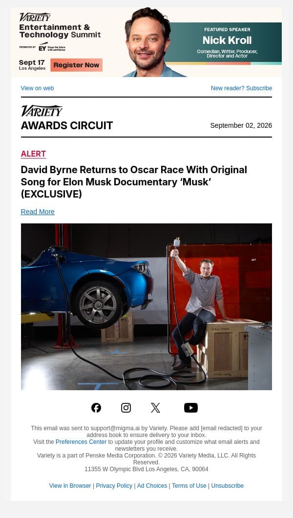 David Byrne Returns to Oscar Race With Original Song for Elon Musk Documentary ‘Musk’ (EXCLUSIVE) email from Variety screenshot