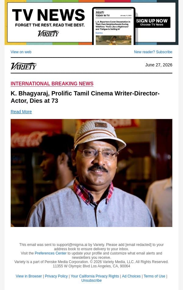 K. Bhagyaraj, Prolific Tamil Cinema Writer-Director-Actor, Dies at 73 email from Variety screenshot
