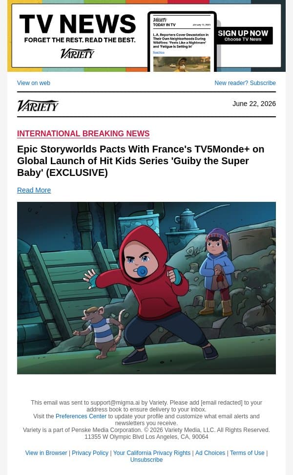 Epic Storyworlds Pacts With France's TV5Monde+ on Global Launch of Hit Kids Series 'Guiby the Super Baby' (EXCLUSIVE) email from Variety screenshot