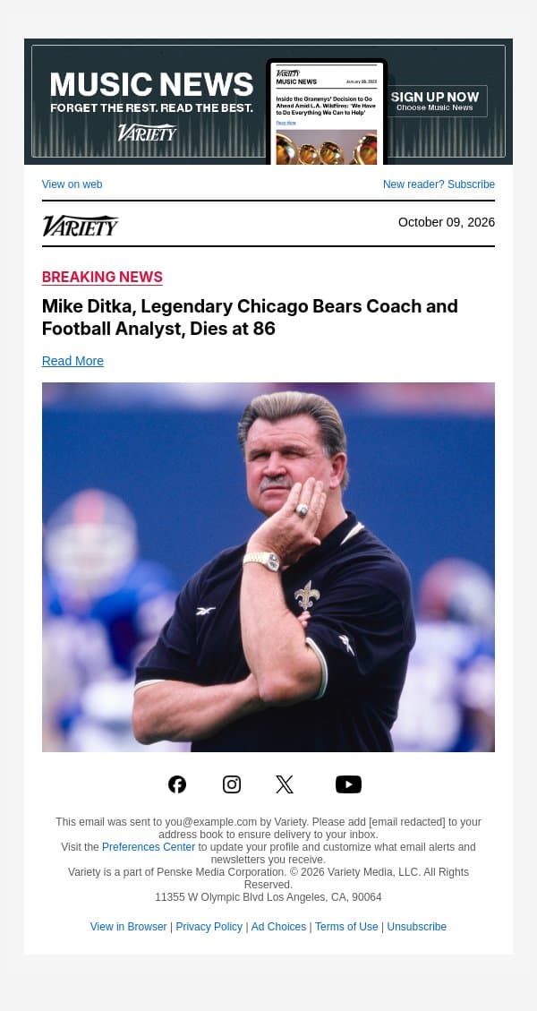 Mike Ditka, Legendary Chicago Bears Coach and Football Analyst, Dies at 86 email from Variety screenshot