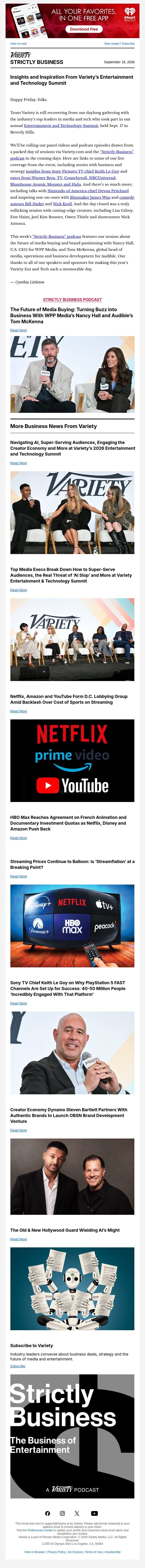 Strictly Business Newsletter & Podcast: Top Execs on ‘AI Slop’ Threats; Netflix, Amazon and YouTube Lobby on Sports; ‘Streamflation’ Worries; Creator Economy Pacts; WPP Media’s Nancy Hall and Audible’s Tom McKenna on Turning Buzz into Business; and More email from Variety screenshot