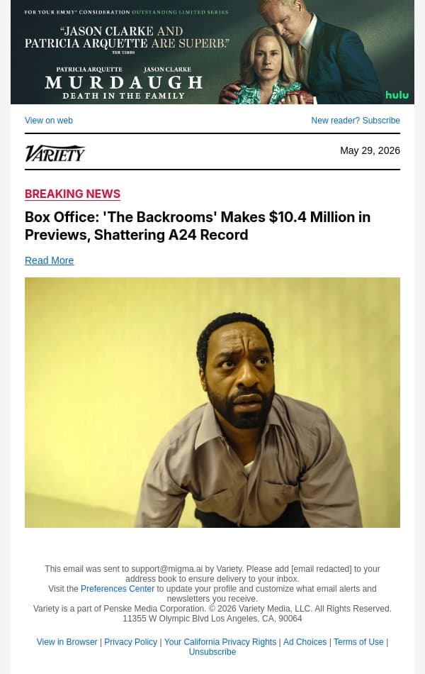 Box Office: 'The Backrooms' Makes $10.4 Million in Previews, Shattering A24 Record email from Variety screenshot