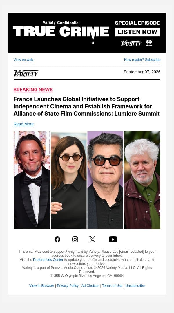 France Launches Global Initiatives to Support Independent Cinema and Establish Framework for Alliance of State Film Commissions: Lumiere Summit email from Variety screenshot