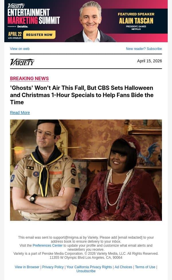 'Ghosts' Won't Air This Fall, But CBS Sets Halloween and Christmas 1-Hour Specials to Help Fans Bide the Time email from Variety screenshot