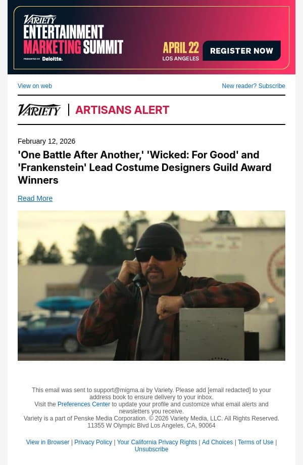 'One Battle After Another,' 'Wicked: For Good' and 'Frankenstein' Lead Costume Designers Guild Award Winners email from Variety screenshot
