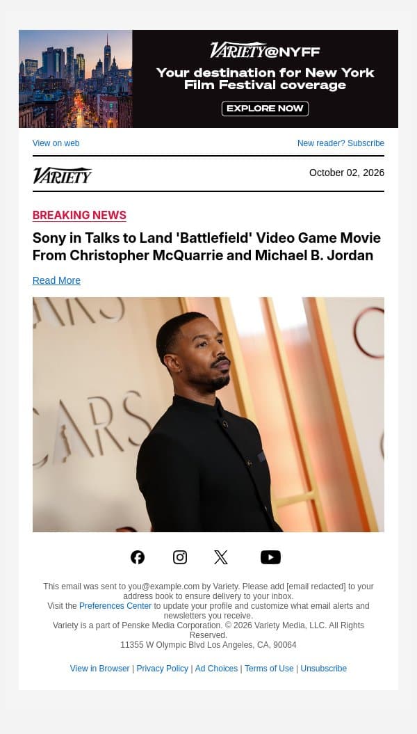 Sony in Talks to Land 'Battlefield' Video Game Movie From Christopher McQuarrie and Michael B. Jordan email from Variety screenshot