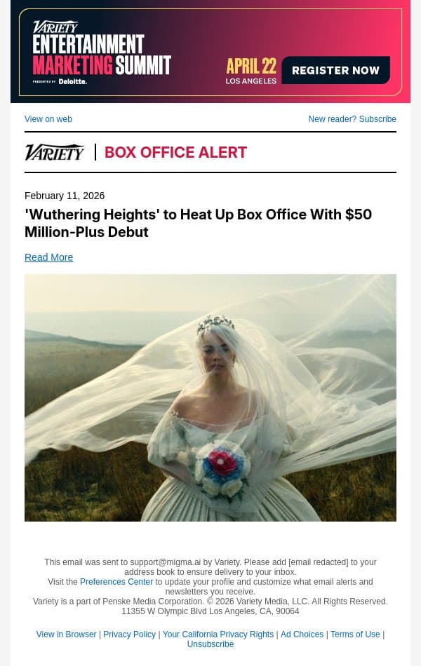 'Wuthering Heights' to Heat Up Box Office With $50 Million-Plus Debut email from Variety screenshot