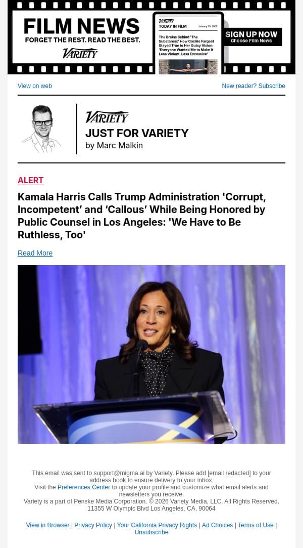 Kamala Harris Calls Trump Administration 'Corrupt, Incompetent’ and ‘Callous’ While Being Honored by Public Counsel in Los Angeles: 'We Have to Be Ruthless, Too' email from Variety screenshot