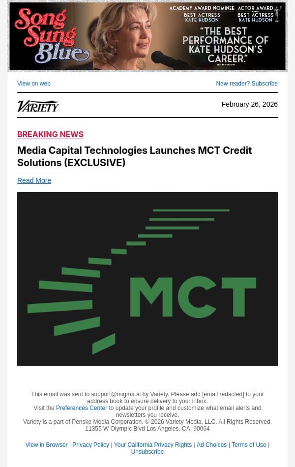Media Capital Technologies Launches MCT Credit Solutions (EXCLUSIVE) email from Variety screenshot