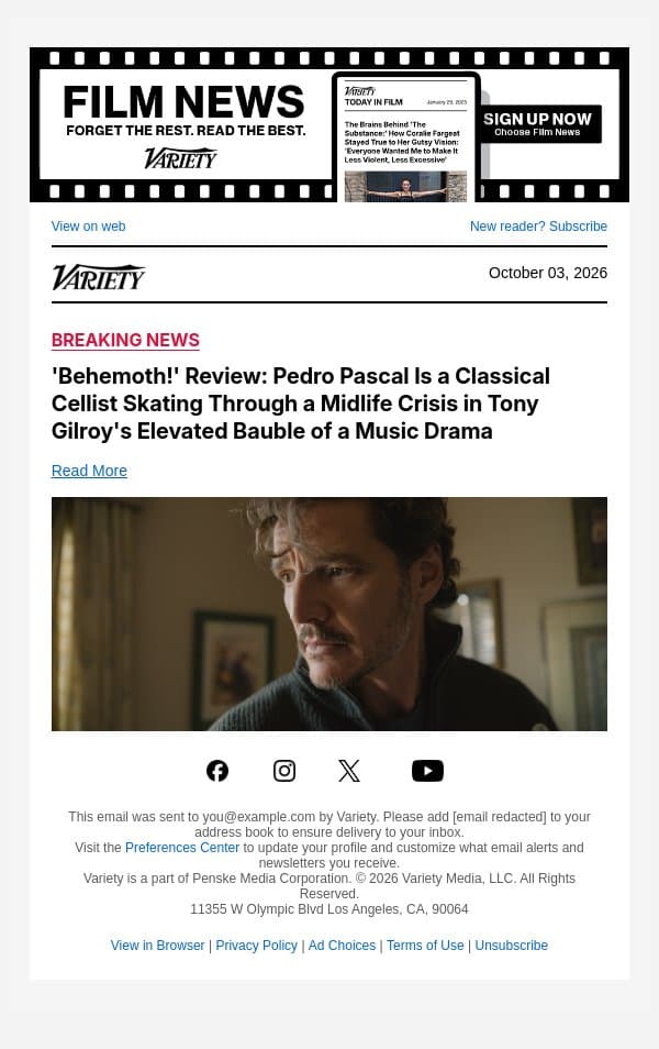 'Behemoth!' Review: Pedro Pascal Is a Classical Cellist Skating Through a Midlife Crisis in Tony Gilroy's Elevated Bauble of a Music Drama email from Variety screenshot
