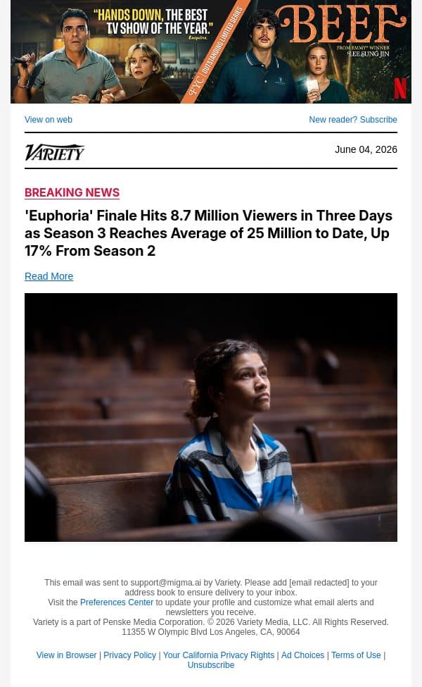'Euphoria' Finale Hits 8.7 Million Viewers in Three Days as Season 3 Reaches Average of 25 Million to Date, Up 17% From Season 2 email from Variety screenshot