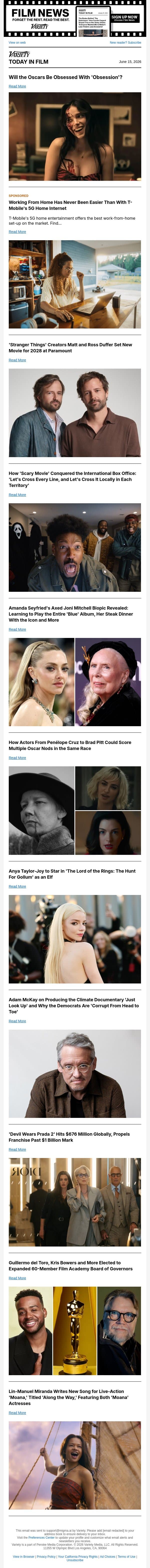 Will 'Obsession' Win Oscars?; Duffer Bros. Movie; 'Scary Movie's' International Success email from Variety screenshot