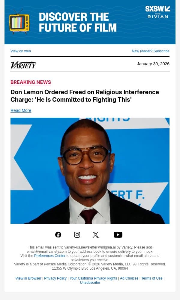 Don Lemon Ordered Freed on Religious Interference Charge: 'He Is Committed to Fighting This' email from Variety screenshot