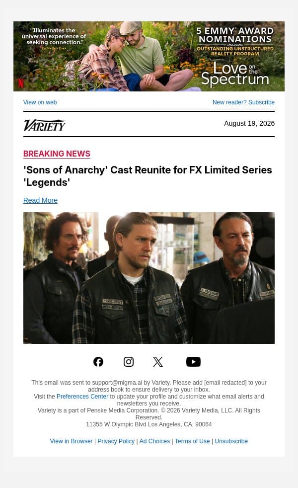 'Sons of Anarchy' Cast Reunite for FX Limited Series 'Legends' email from Variety screenshot