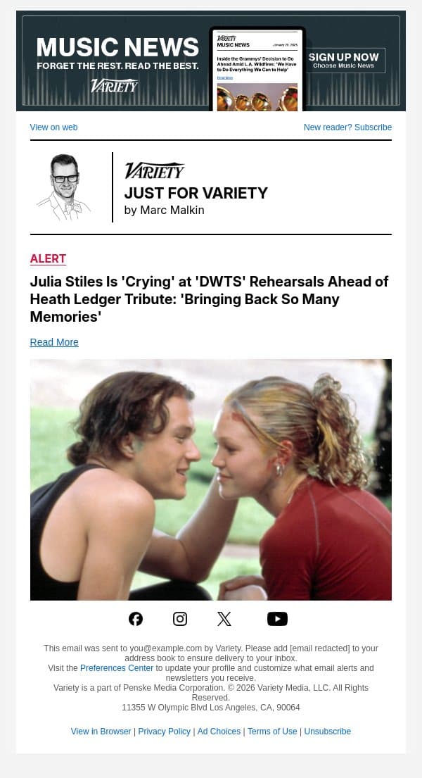 Julia Stiles Is 'Crying' at 'DWTS' Rehearsals Ahead of Heath Ledger Tribute: 'Bringing Back So Many Memories' email from Variety screenshot