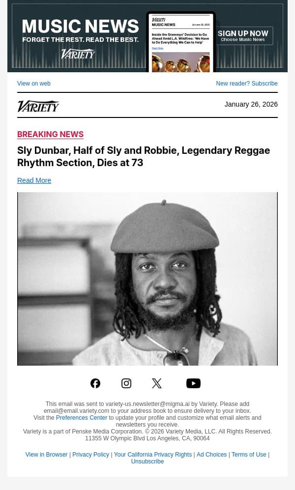 Sly Dunbar, Half of Sly and Robbie, Legendary Reggae Rhythm Section, Dies at 73 email from Variety screenshot