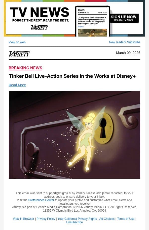 Tinker Bell Live-Action Series in the Works at Disney+ email from Variety screenshot