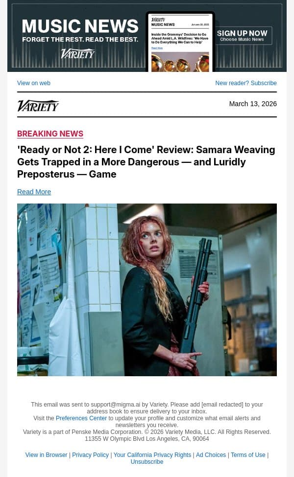 'Ready or Not 2: Here I Come' Review: Samara Weaving Gets Trapped in a More Dangerous — and Luridly Preposterus — Game email from Variety screenshot