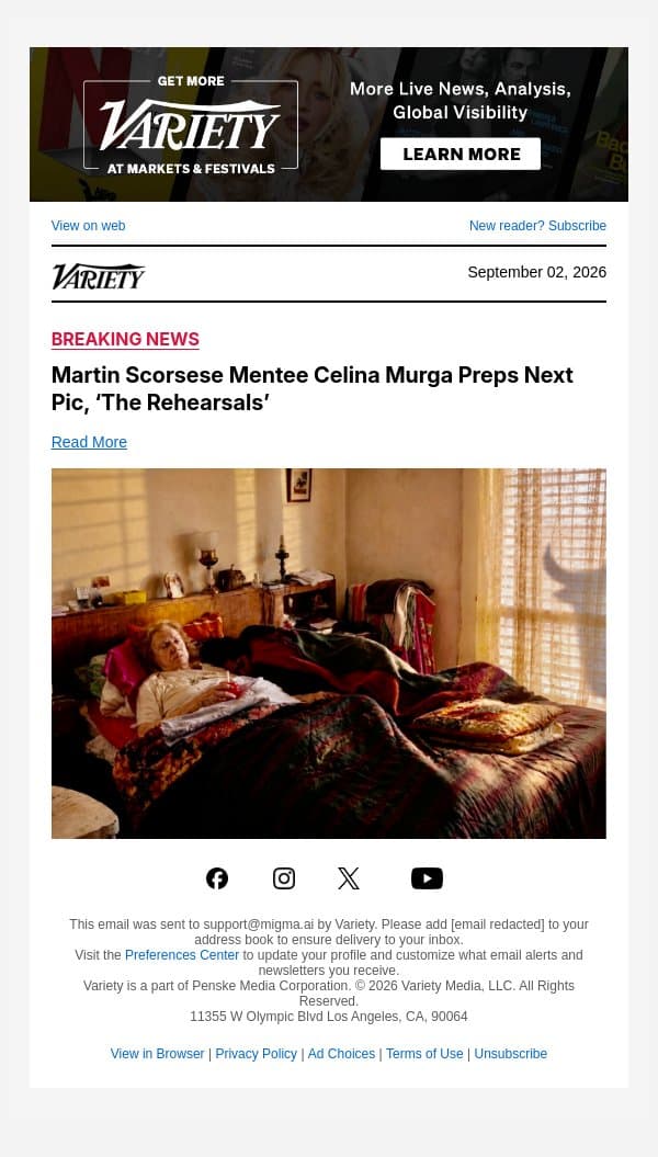 Martin Scorsese Mentee Celina Murga Preps Next Pic, ‘The Rehearsals’ email from Variety screenshot