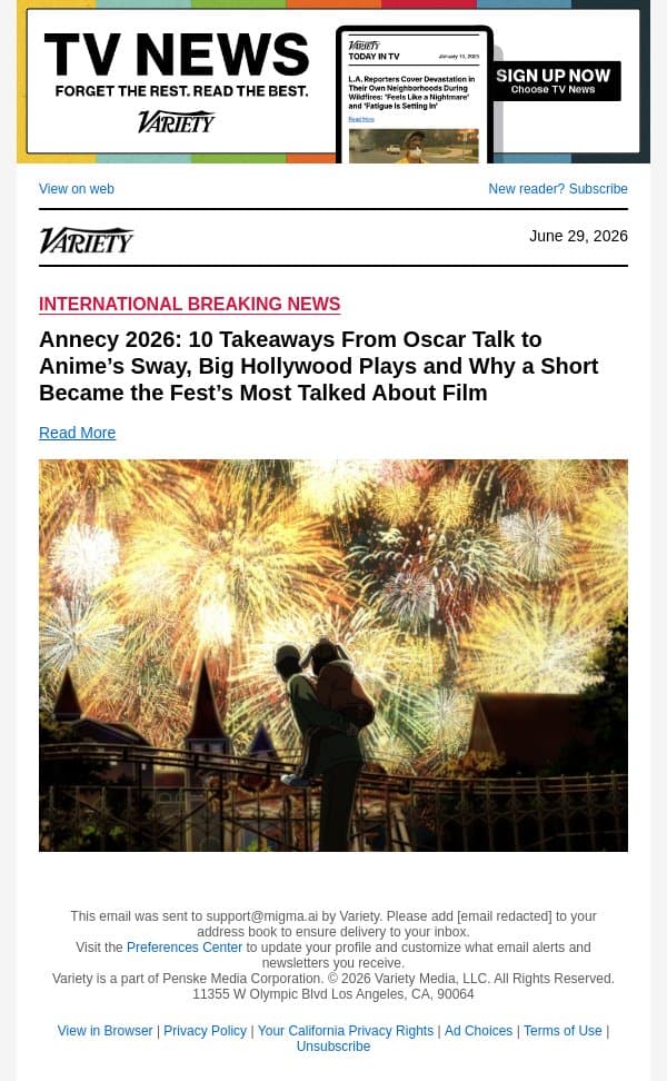 Annecy 2026: 10 Takeaways From Oscar Talk to Anime’s Sway, Big Hollywood Plays and Why a Short Became the Fest’s Most Talked About Film email from Variety screenshot