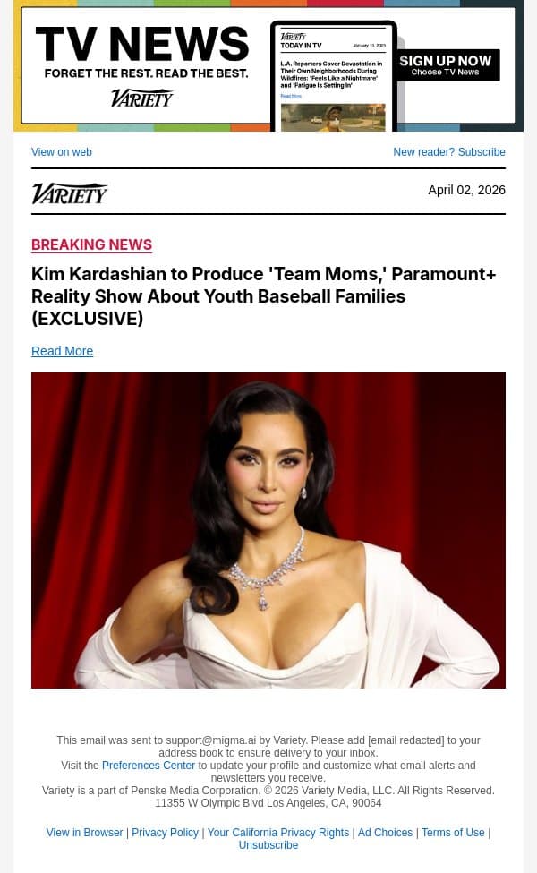 Kim Kardashian to Produce 'Team Moms,' Paramount+ Reality Show About Youth Baseball Families (EXCLUSIVE) email from Variety screenshot