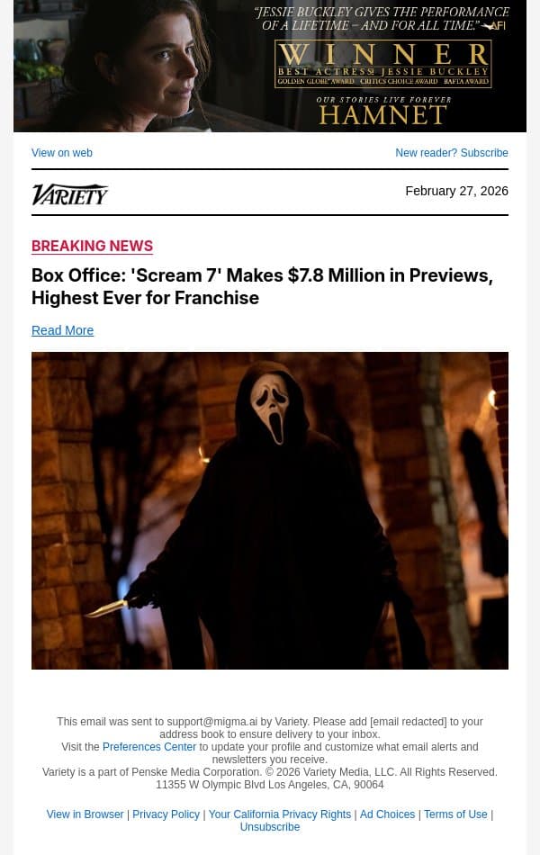 Box Office: 'Scream 7' Makes $7.8 Million in Previews, Highest Ever for Franchise email from Variety screenshot