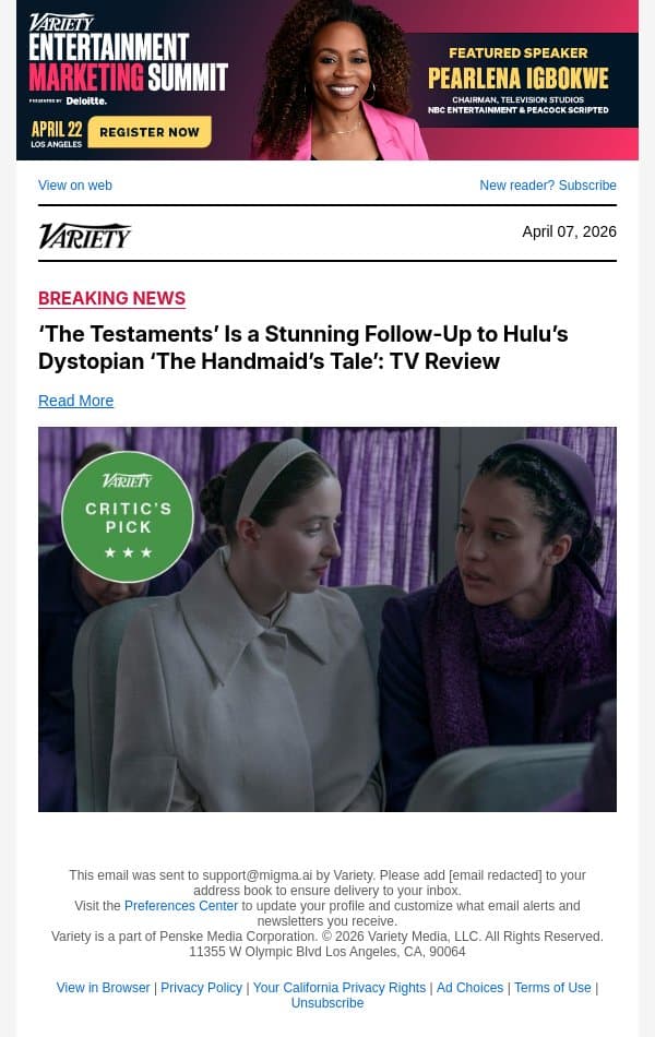 ‘The Testaments’ Is a Stunning Follow-Up to Hulu’s Dystopian ‘The Handmaid’s Tale’: TV Review email from Variety screenshot